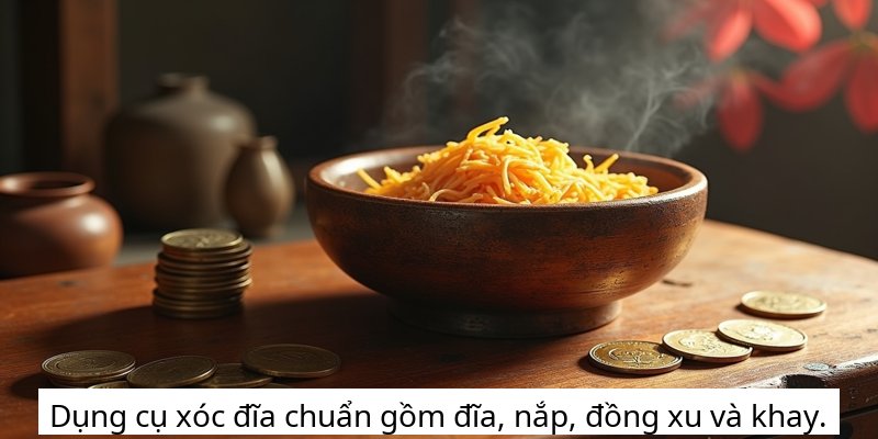 Dụng cụ xóc đĩa chuẩn gồm đĩa, nắp, đồng xu và khay.